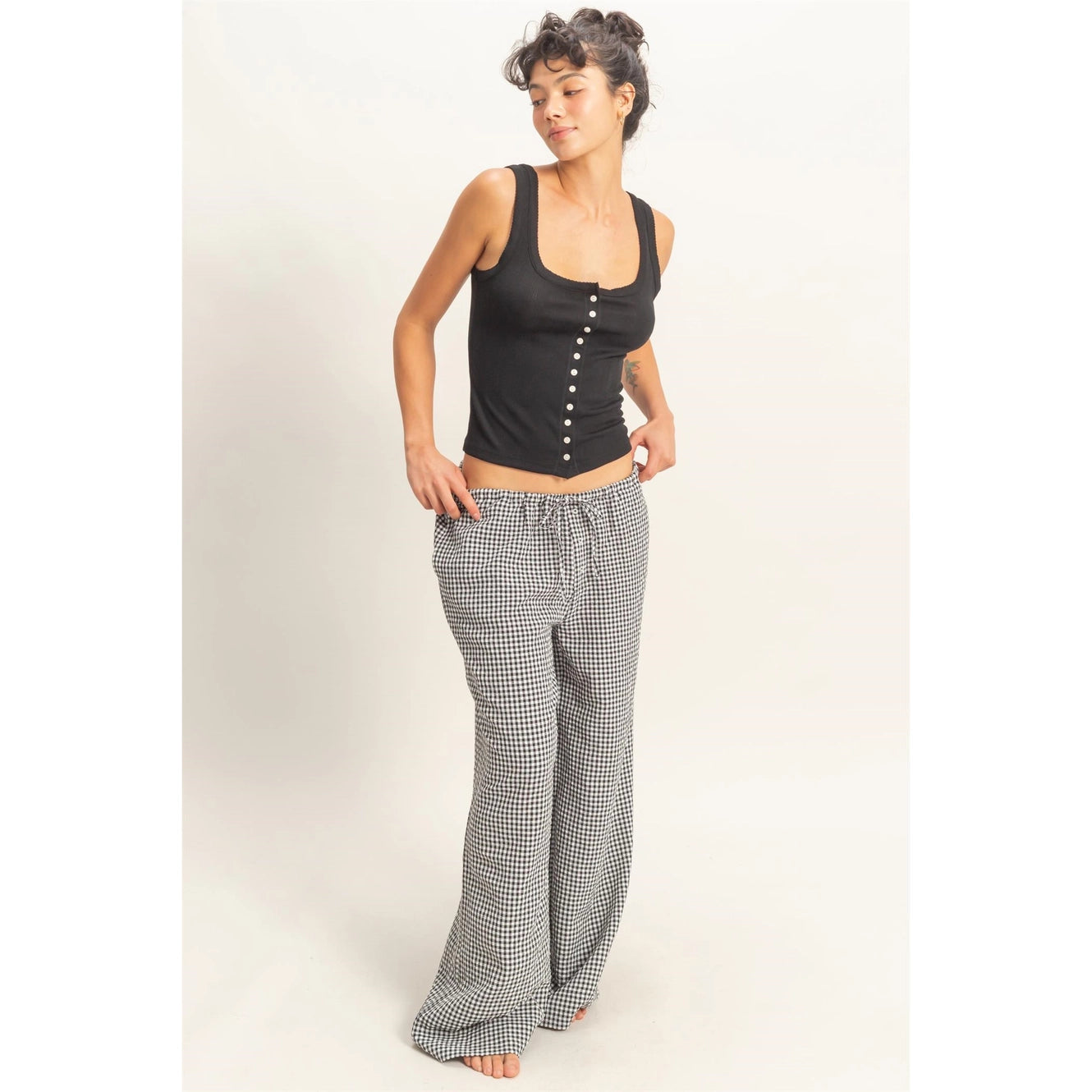 Gingham Drawstring Wide-Leg Pants
