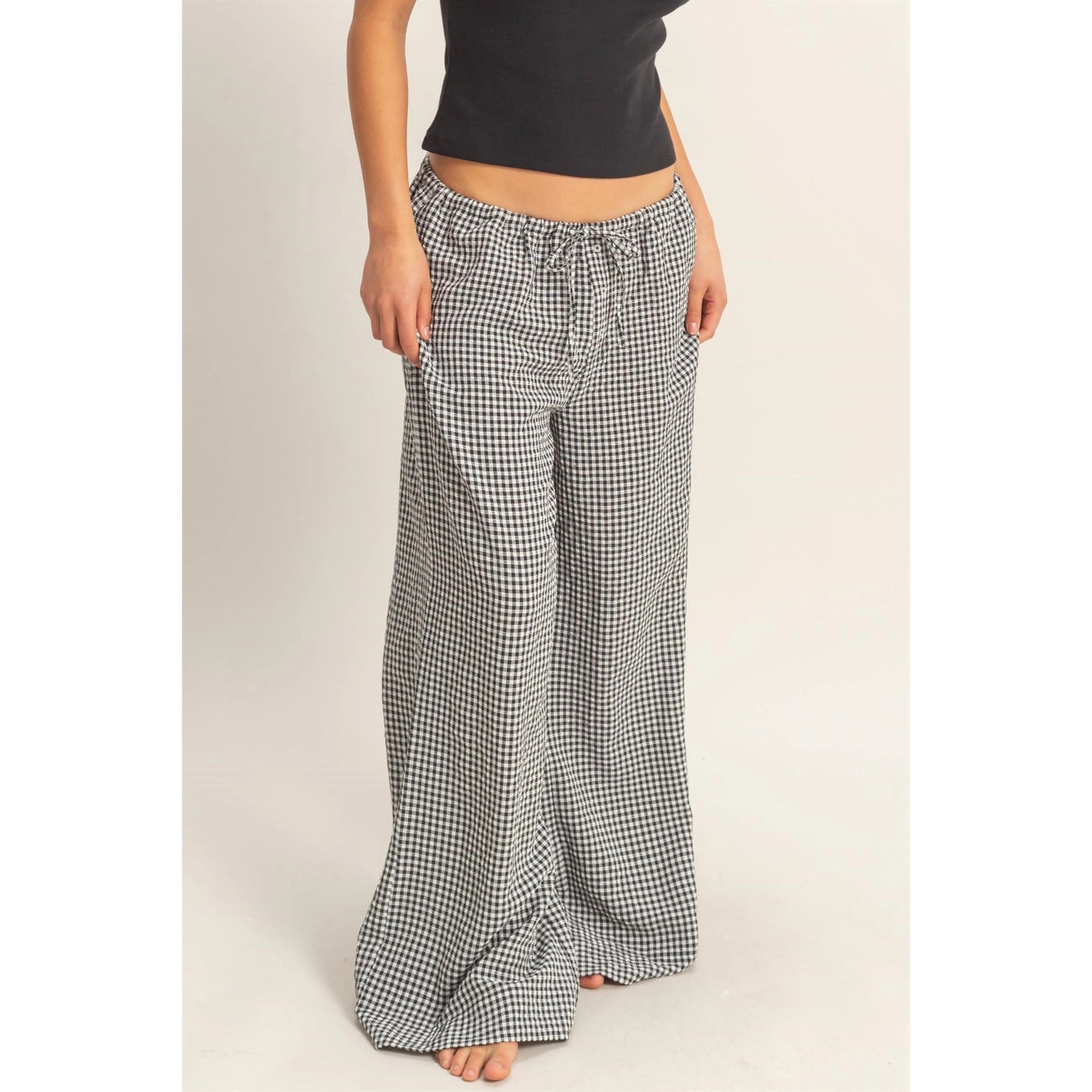 Gingham Drawstring Wide-Leg Pants